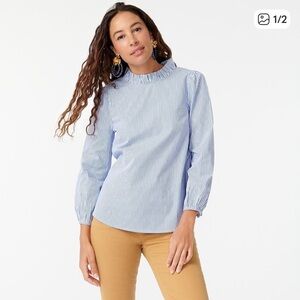 J Crew Striped blue and white cotton top ruffle neck top blouse
